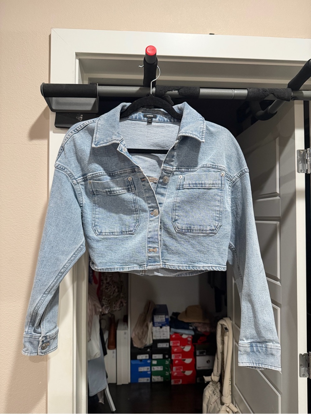 Express Light Wash Cropped Denim Jacket (lightweight)
